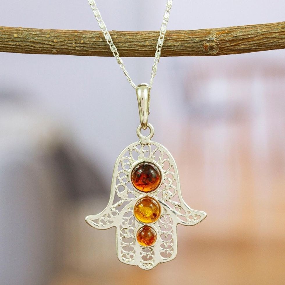 925 Sterling Silver Amber Hamsa Pendant Necklace from Mexico 'Hamsa of Courage'