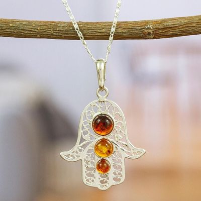 Alternate image for 925 Sterling Silver Amber Hamsa Pendant Necklace from Mexico Hamsa of Courage