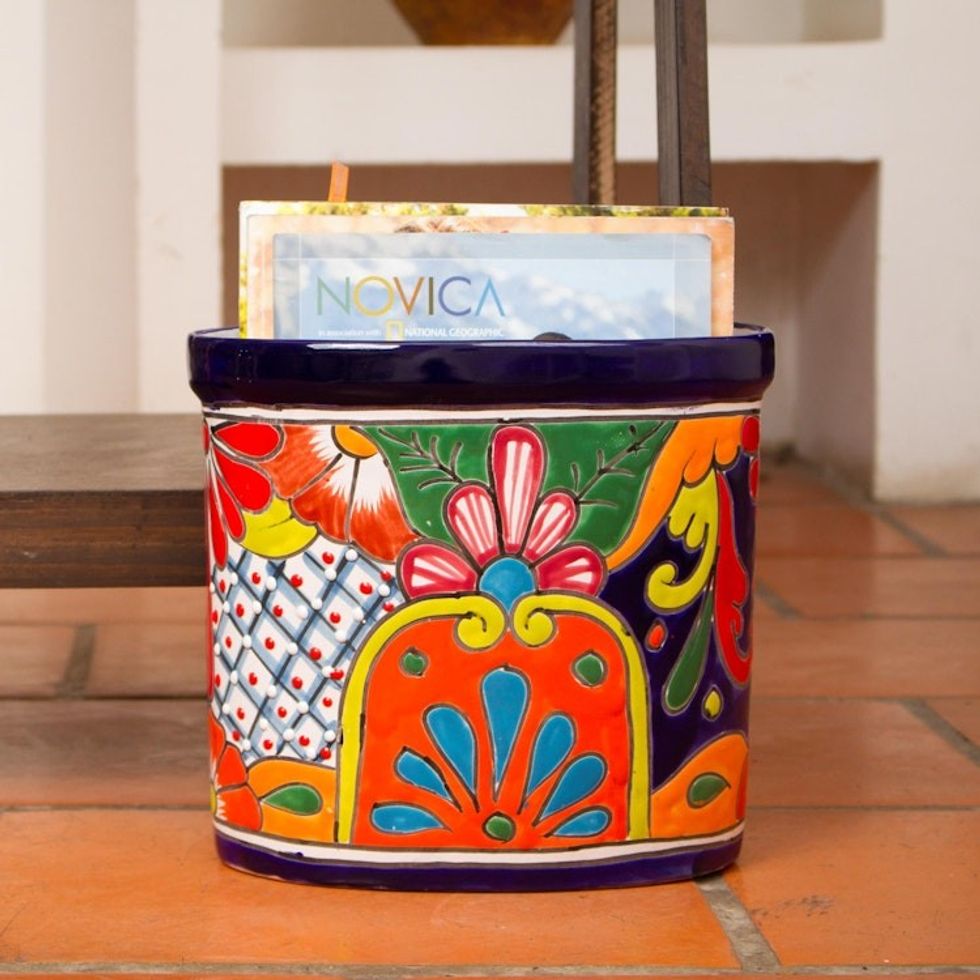 Floral Talavera-Style Ceramic Waste Bin from Mexico 'Talavera Collector'