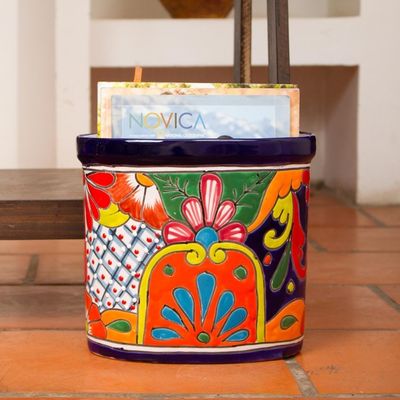 Alternate image for Floral Talavera-Style Ceramic Waste Bin from Mexico Talavera Collector