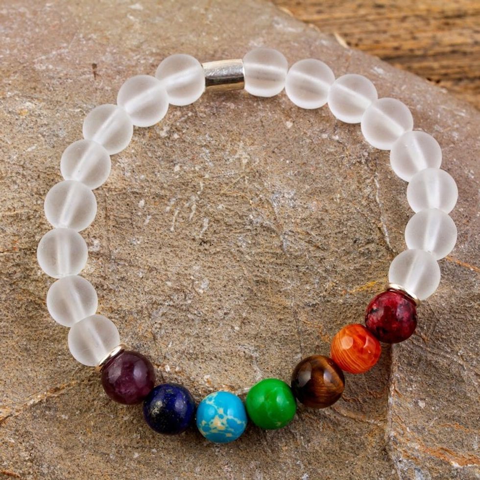 Agate and Tiger's Eye Chakra Bracelet in White from Mexico 'Seven Chakras in White'