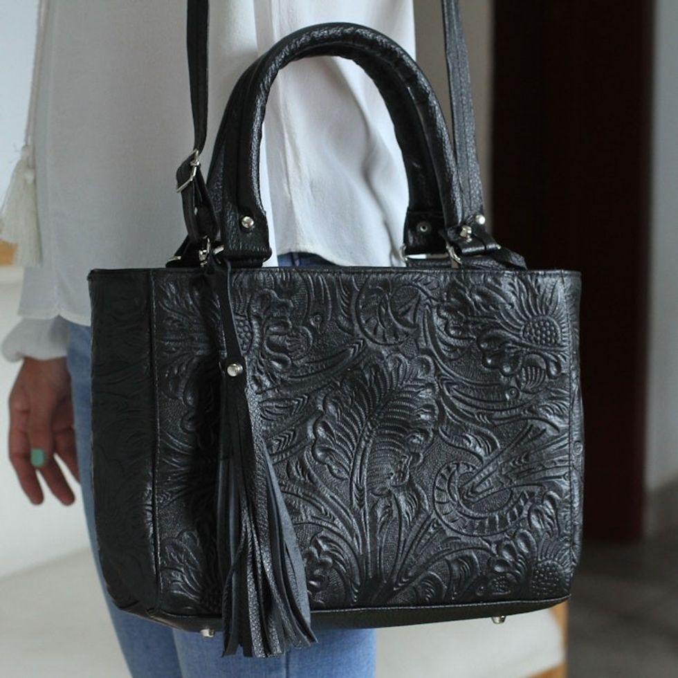 Floral Embossed Leather Shoulder Bag in Black from Mexico 'Flower Carrier in Black'