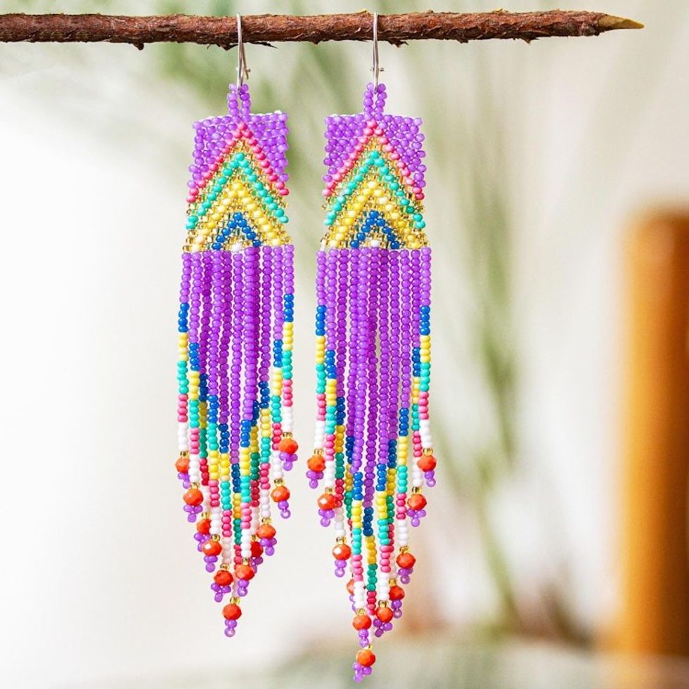 Glass Beaded Waterfall Earrings in Purple From Mexico 'Huichol Rain in Purple'