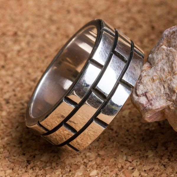 Alternate image for Sterling Silver Band Ring with Rectangle Motifs Mexico Fortress Wall