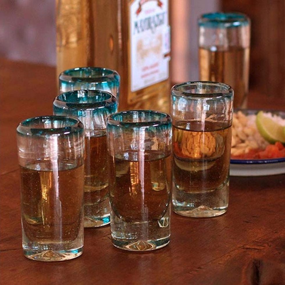 Hand Blown Mexican Tequila Shot Glasses Clear Set of 6 'Aquamarine'