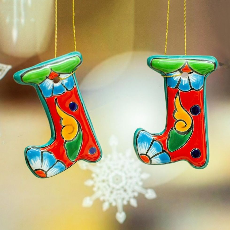 Talavera-Style Ceramic Stocking Ornaments Set of 4 'Talavera Stocking'