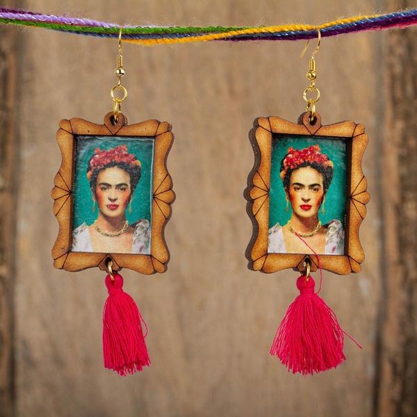 Alternate image for Handcrafted Frida Kahlo Image Wood Frame Dangle Earrings Fridas Strength