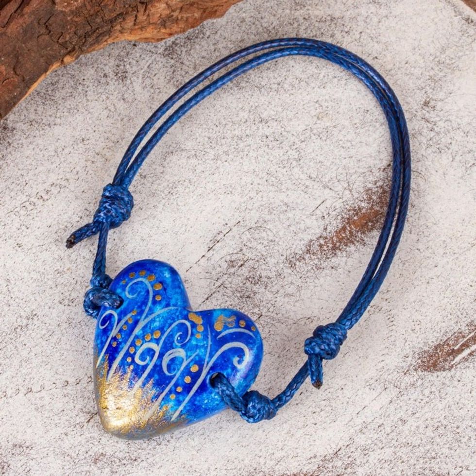 Papier Mache Blue Heart Bracelet with Golden Accents 'Sea Winds'