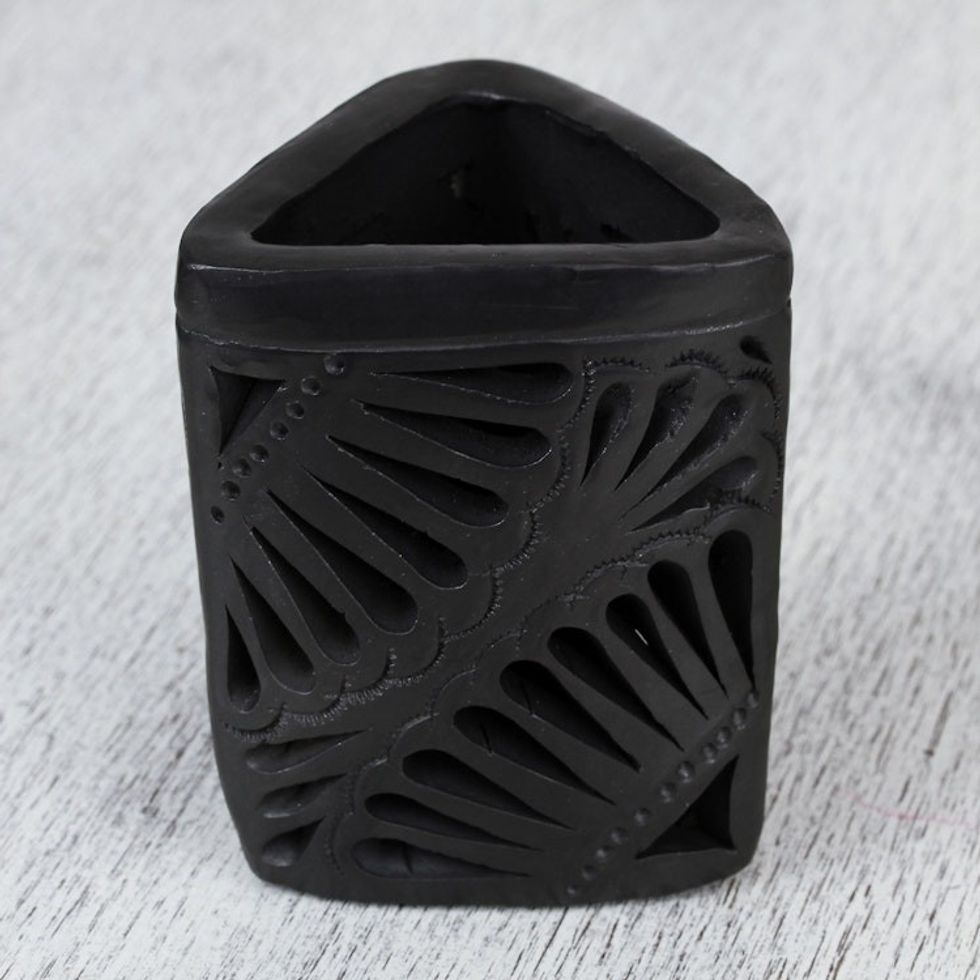 Oaxaca Barro Negro Triangular Ceramic Pencil Holder 'Oaxacan Twilight'