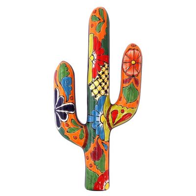 Alternate image for Floral Cactus Talavera-Style Ceramic Wall Sculpture Desert Saguaro