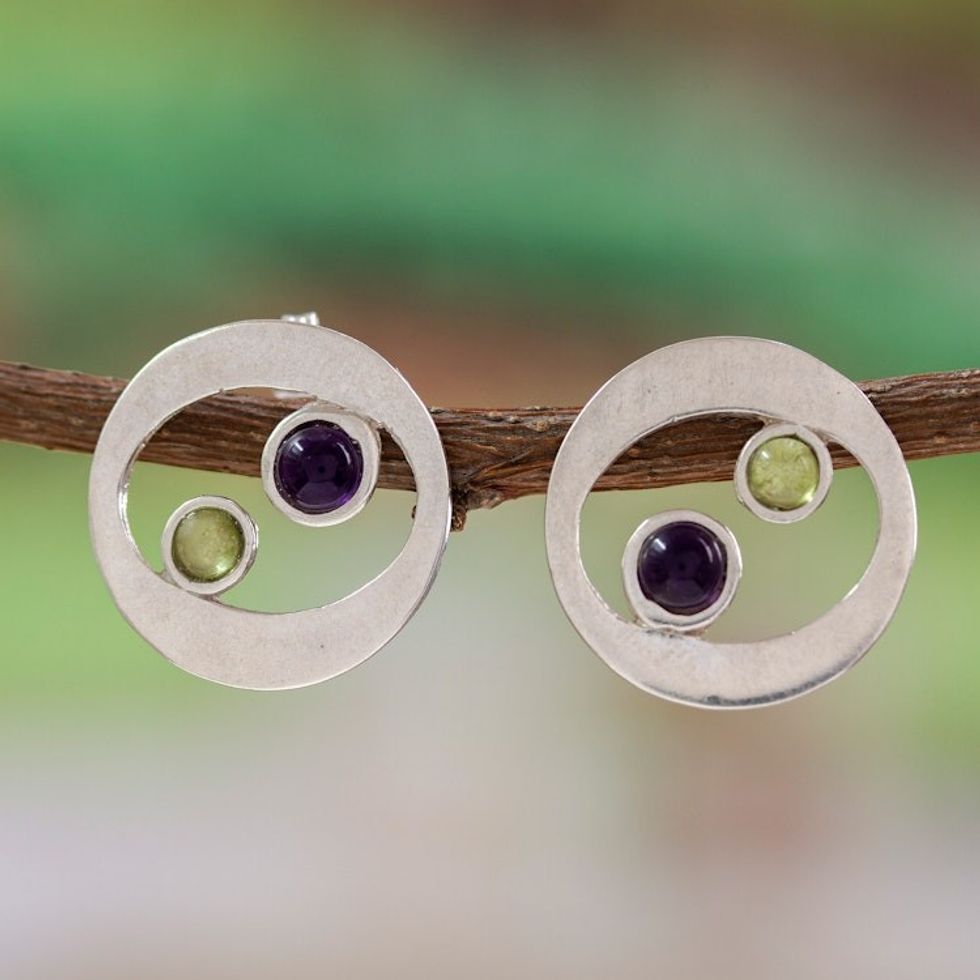 Unique Sterling Silver Amethyst and Peridot Earrings 'Drifters'