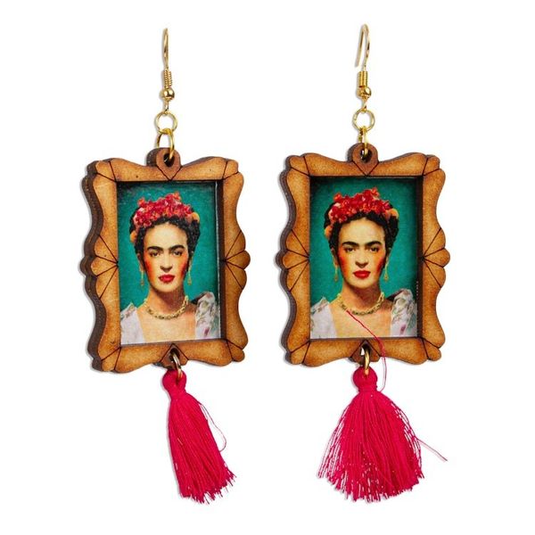 Alternate image for Handcrafted Frida Kahlo Image Wood Frame Dangle Earrings Fridas Strength