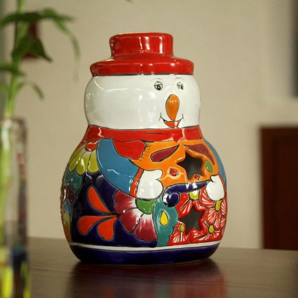 Alternate image for Snowman Talavera Ceramic Candle Holder from Mexico Snowman Glow