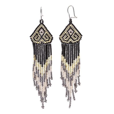 Alternate image for Beaded Long Dangle Earrings from Mexico Huichol Chevron in Gold