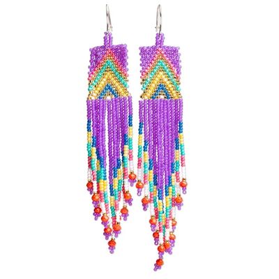 Alternate image for Glass Beaded Waterfall Earrings in Purple From Mexico Huichol Rain in Purple