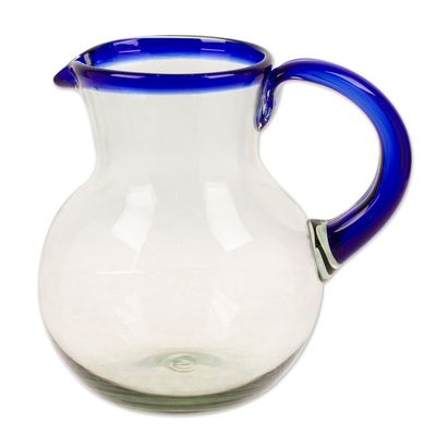Alternate image for Handblown Recycled Glass Pitcher with Blue Rim and Handle Cobalt
