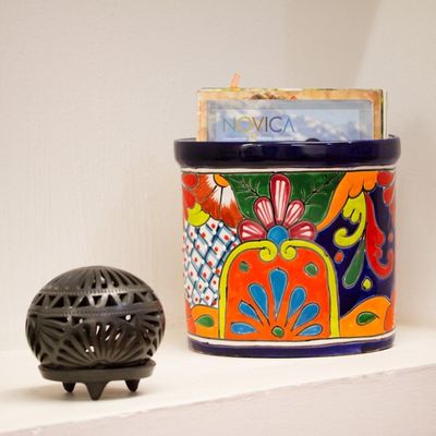 Alternate image for Floral Talavera-Style Ceramic Waste Bin from Mexico Talavera Collector