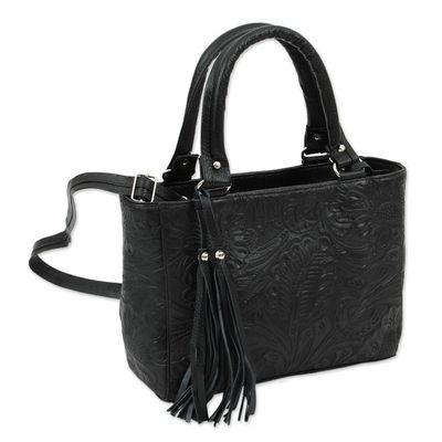Alternate image for Floral Embossed Leather Shoulder Bag in Black from Mexico Flower Carrier in Black
