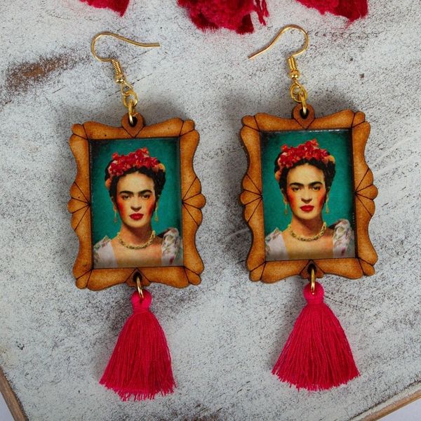 Alternate image for Handcrafted Frida Kahlo Image Wood Frame Dangle Earrings Fridas Strength
