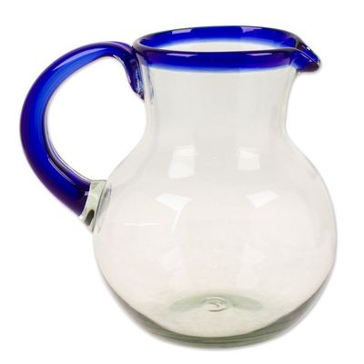 Alternate image for Handblown Recycled Glass Pitcher with Blue Rim and Handle Cobalt