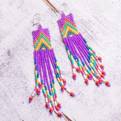 Alternate image for Glass Beaded Waterfall Earrings in Purple From Mexico Huichol Rain in Purple