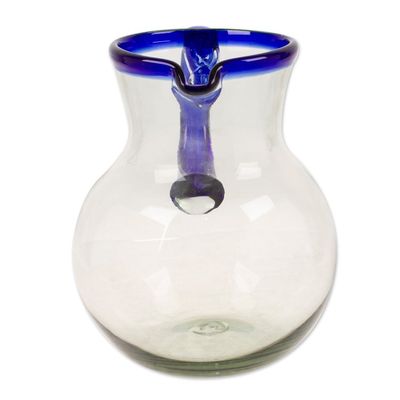 Alternate image for Handblown Recycled Glass Pitcher with Blue Rim and Handle Cobalt