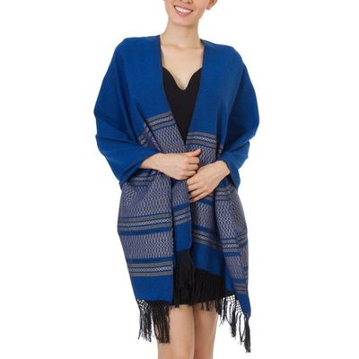 Alternate image for Blue Cotton Zapotec Shawl from Mexico with Golden Motifs Golden Sea Foam
