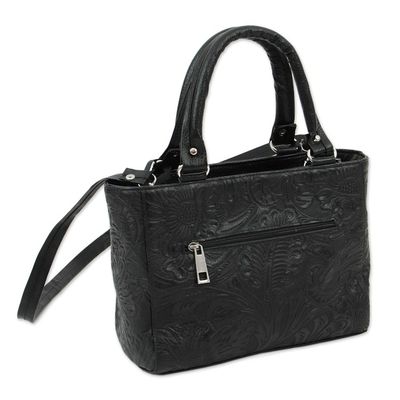 Alternate image for Floral Embossed Leather Shoulder Bag in Black from Mexico Flower Carrier in Black