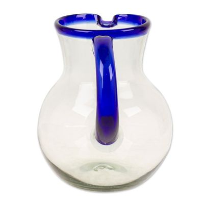Alternate image for Handblown Recycled Glass Pitcher with Blue Rim and Handle Cobalt