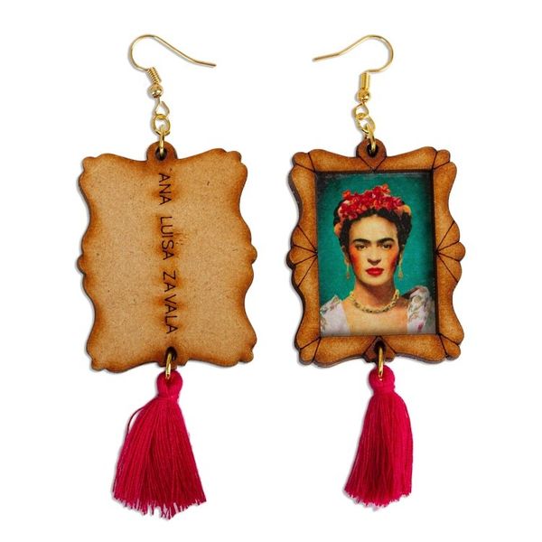 Alternate image for Handcrafted Frida Kahlo Image Wood Frame Dangle Earrings Fridas Strength