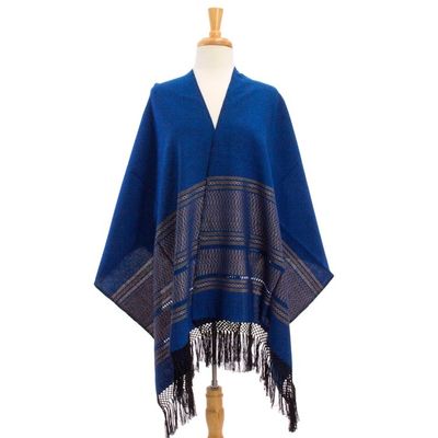 Alternate image for Blue Cotton Zapotec Shawl from Mexico with Golden Motifs Golden Sea Foam