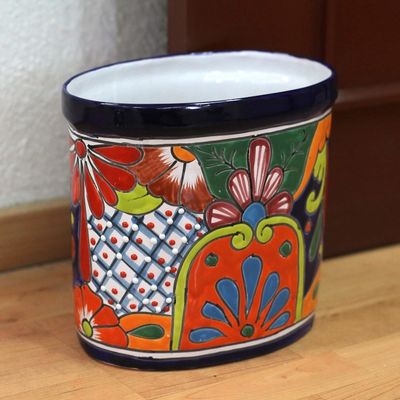 Alternate image for Floral Talavera-Style Ceramic Waste Bin from Mexico Talavera Collector