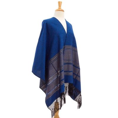 Alternate image for Blue Cotton Zapotec Shawl from Mexico with Golden Motifs Golden Sea Foam