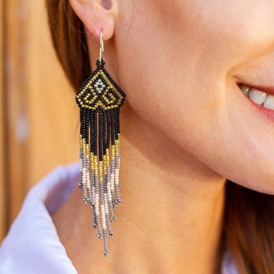 Alternate image for Beaded Long Dangle Earrings from Mexico Huichol Chevron in Gold