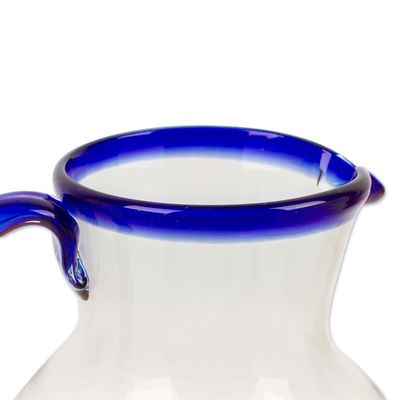 Alternate image for Handblown Recycled Glass Pitcher with Blue Rim and Handle Cobalt