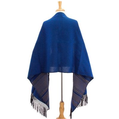Alternate image for Blue Cotton Zapotec Shawl from Mexico with Golden Motifs Golden Sea Foam
