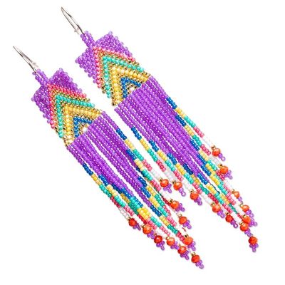 Alternate image for Glass Beaded Waterfall Earrings in Purple From Mexico Huichol Rain in Purple