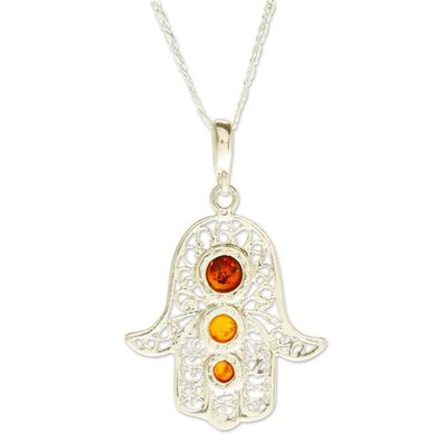 Alternate image for 925 Sterling Silver Amber Hamsa Pendant Necklace from Mexico Hamsa of Courage