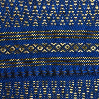 Alternate image for Blue Cotton Zapotec Shawl from Mexico with Golden Motifs Golden Sea Foam