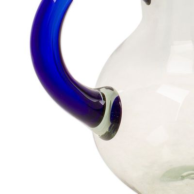 Alternate image for Handblown Recycled Glass Pitcher with Blue Rim and Handle Cobalt
