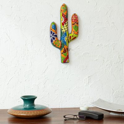 Alternate image for Floral Cactus Talavera-Style Ceramic Wall Sculpture Desert Saguaro