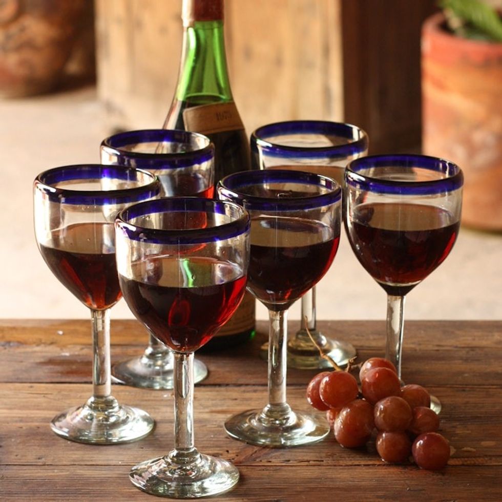 Handblown Glass Recycled Wine Drinkware Goblets Set of 6 'Cobalt Classic'