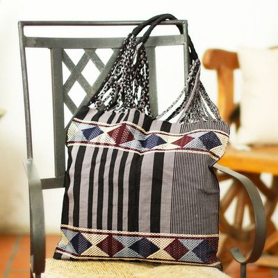Alternate image for Hand Woven Geometric Striped Cotton Shoulder Bag from Mexico Night Lines