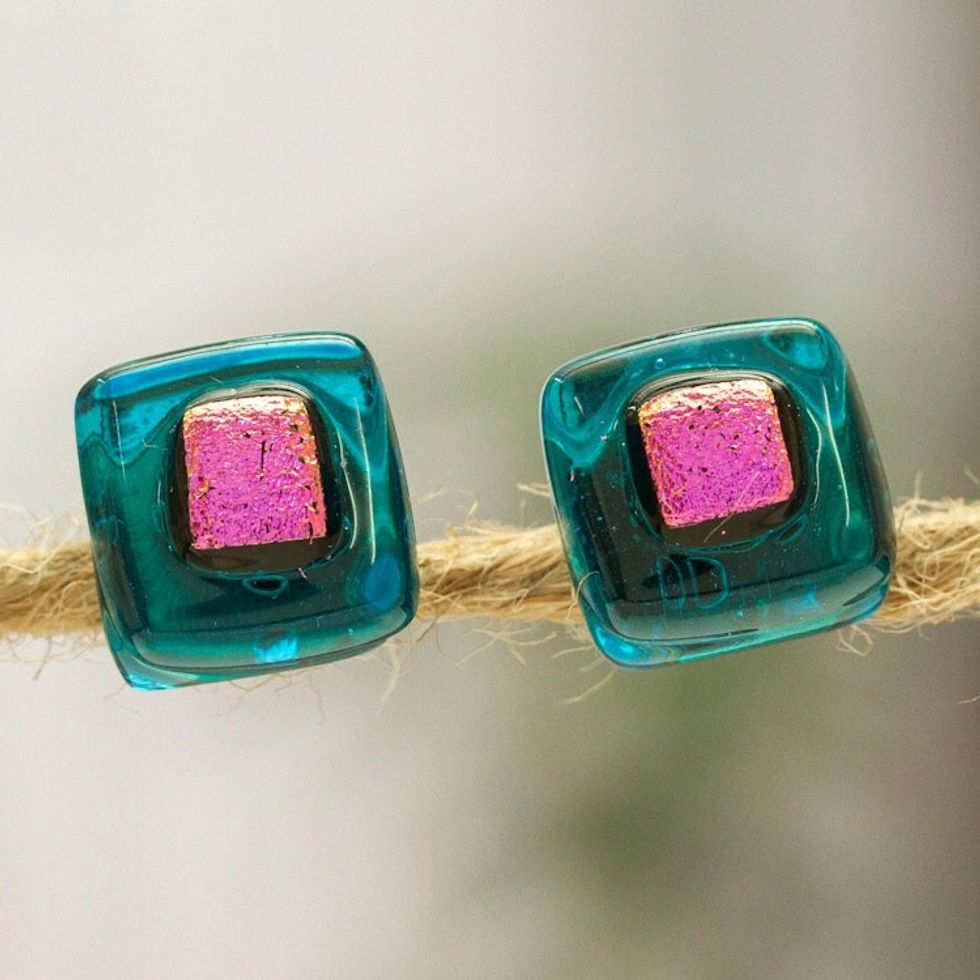 Blue  Pink Fused Glass Mosaic Stud Earrings from Mexico 'Blue  Rose Mosaic'