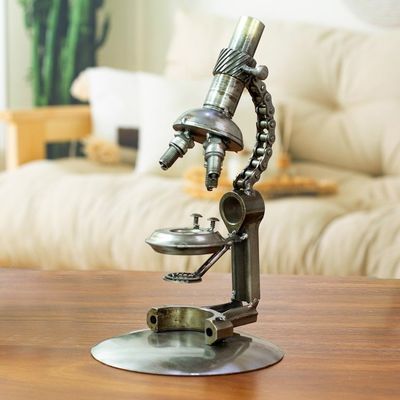 Alternate image for Metal Microscope Sculpture Crafted from Recycled Auto Parts Rustic Microscope