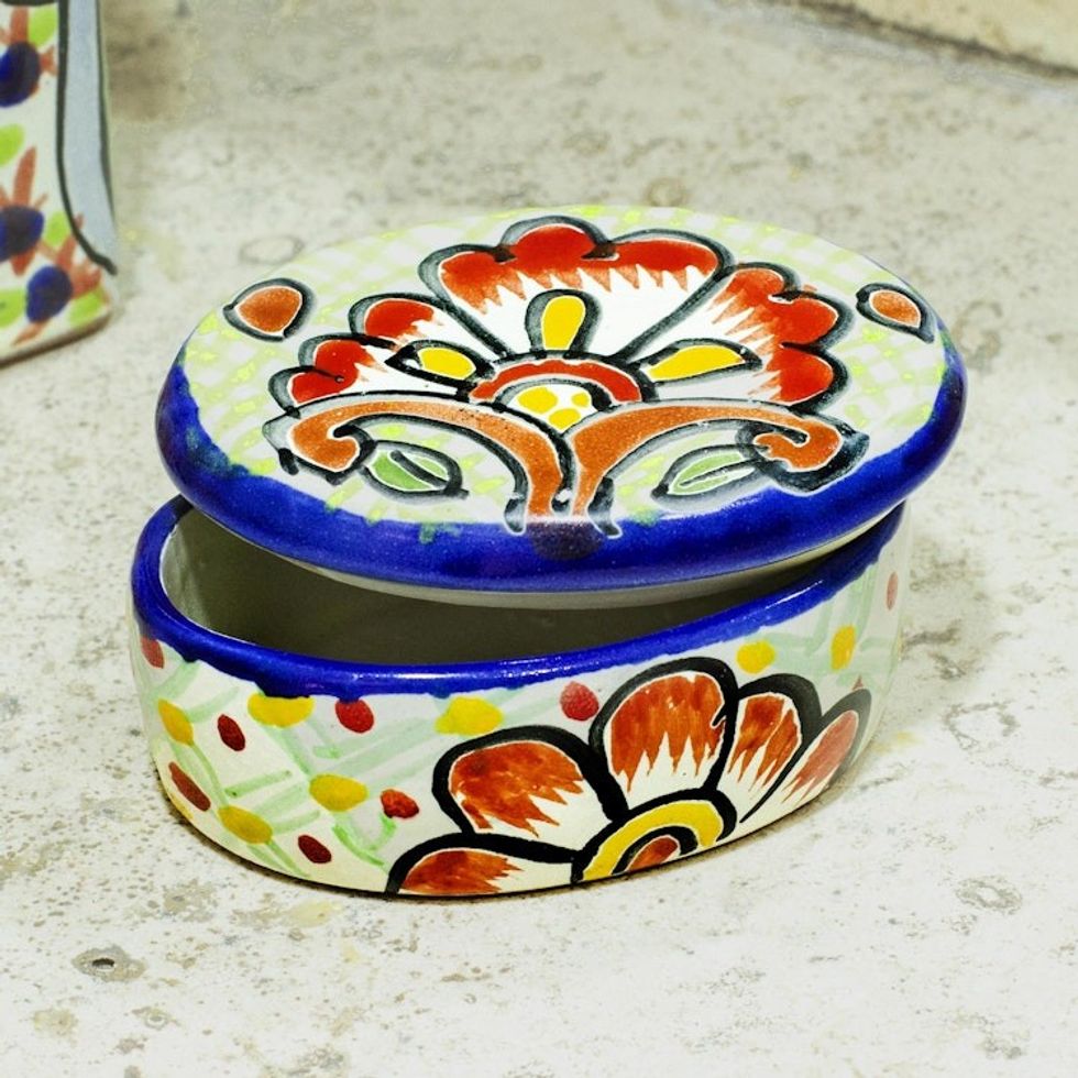 Cotton Swab Jar in Talavera-Style Ceramic 'Hidalgo Bouquet'