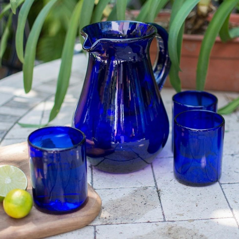 Blue Handcrafted Handblown Recycled Glass Pitcher 'Pure Cobalt'