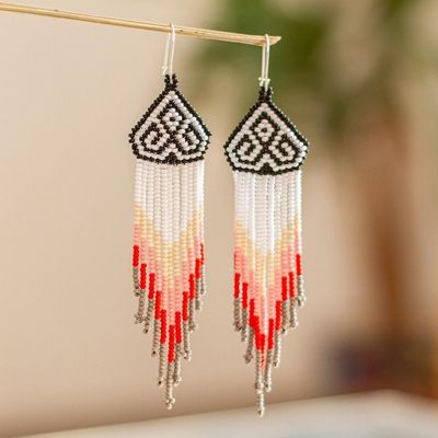 Alternate image for Dramatic Extra Long Huichol Beaded Earrings Huichol Chevron in Grey
