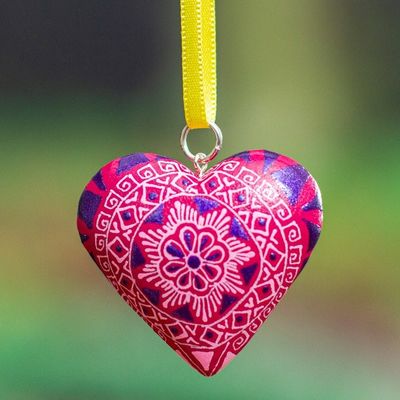 Alternate image for Mexican Hand-Painted Wood Alebrije Heart Christmas Ornament Fuchsia Alebrije Heart