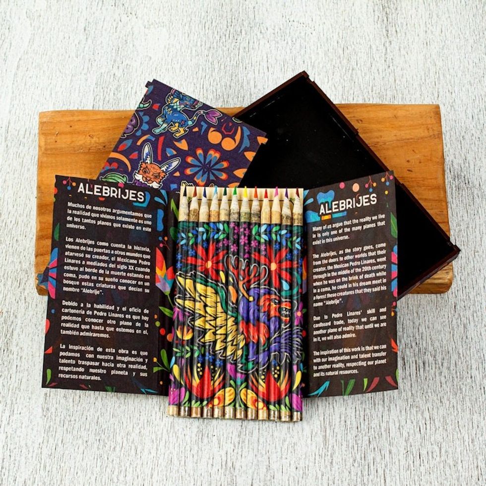 Recycled Paper Colored Pencil Set in Wood Box from Mexico 'Magical Alebrijes'